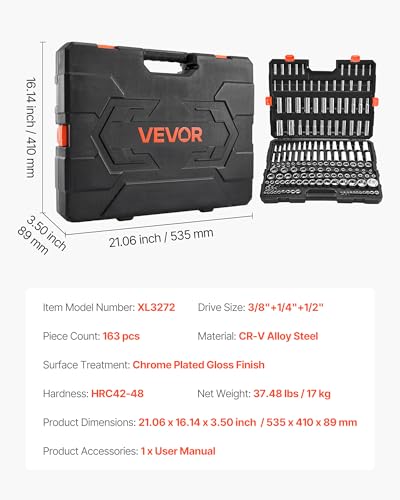 VEVOR Socket Set, 163 Pieces, 3/8 & 1/4 & 1/2 inch Drive Socket Tool Set, SAE and Metric, Deep and Standard, Mechanic Tool Kit with Storage Case, Chrome Plated CR-V Alloy Steel, for Automotive Repair - size: 163-PCS