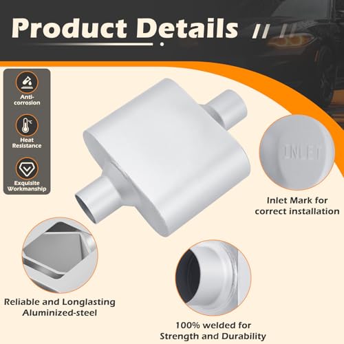 A-KARCK Single Chamber Muffler 2.25" Center Inlet 2.25" Center Outlet, 13" Overall Length Aluminized Steel Aggressive Sound Race Muffler (2 Pcs) - color: Silver, size: 2.25 Inch-2