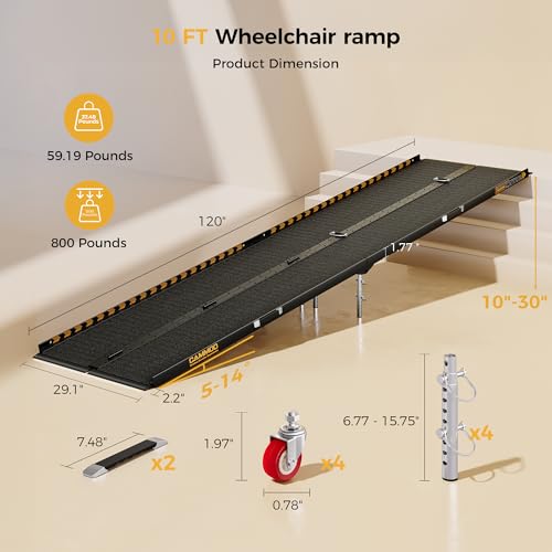CAMMOO 10 FT Aluminum Wheelchair Ramp with 800 LBS Load Capacity, Portable Folding ramps for wheelchairs - size: 10 FT