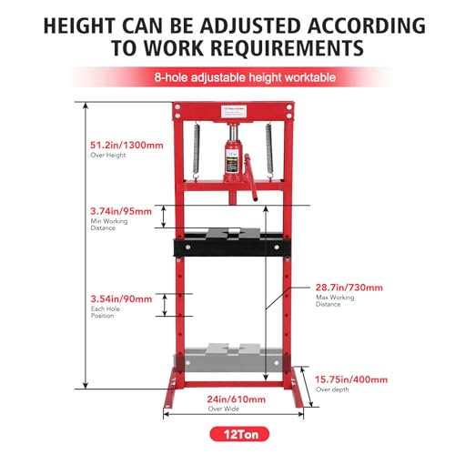 Hydraulic Shop Press, 12 Ton H-Frame Bearing Press with Adjustable Height - size: 12T-Red