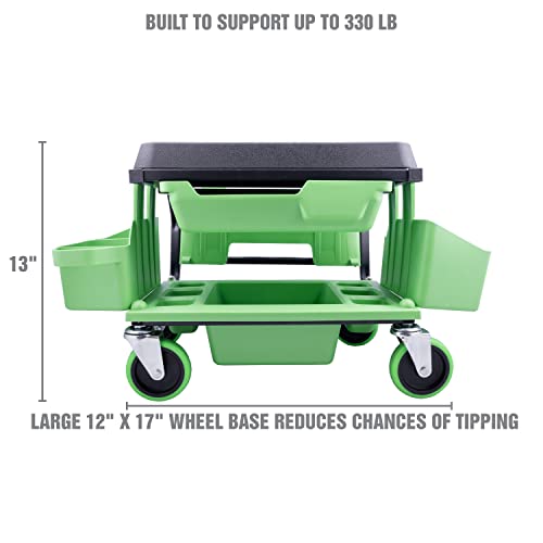 OEMTOOLS Sidekick Rolling Mechanic Stool – 5 Tool Trays, Cushioned Seat, 330 lb Capacity (Green)