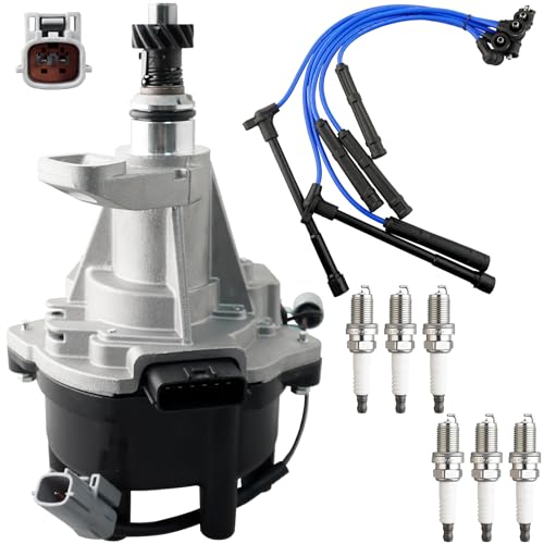 Ignition Distributor w/Cap & Rotor and 6 Iridium Spark Plugs with Wire Set Tune Up Kit 22100-1W601 84-58600 Compatible with INFINITI QX4 Nissan Pathfinder Frontier Xterra 3.3L V6 - size: 84-58600
