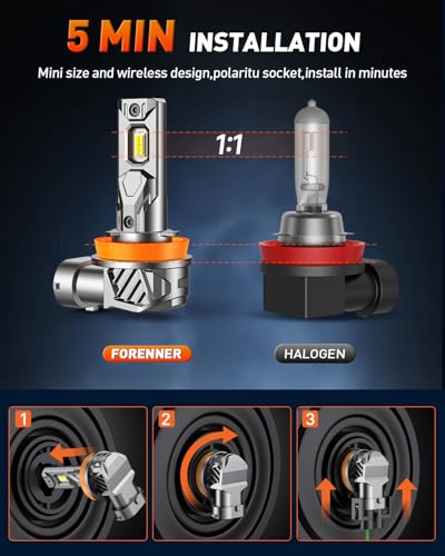 FORENNER H11 9005 Light Bulbs Combo, 140000LM 1000% Ultra Brightness, 6500K Cool White H9/H8/H16 HB3 Accessory Light Kits, 1:1 Mini Size, 10-Year Lifespan, Play-N-Plug, Pack of 2. - size: H11+9005