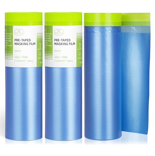 Tangibay Pre-Taped Masking Film for Painting - 56" x 66' Painters Plastic Sheeting for House & Automotive Paint, Tape and Drape for Covering Cars, Walls, Windows and Furniture Protection (3 Rolls) - size: 3 Rolls: 56"x66'