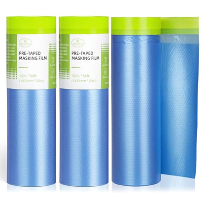 Tangibay Pre-Taped Masking Film for Painting - 56" x 66' Painters Plastic Sheeting for House & Automotive Paint, Tape and Drape for Covering Cars, Walls, Windows and Furniture Protection (3 Rolls) - size: 3 Rolls: 56"x66'