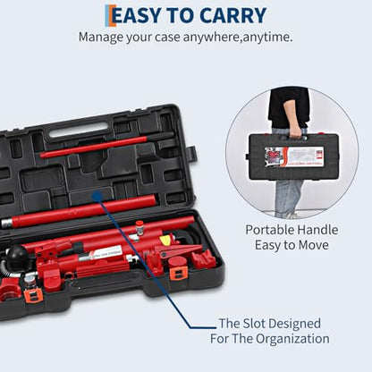 10 Ton Heavy Duty Porta Power Kit, Hydraulic Ram & Pump, 4.7 Ft Hose, Storage Case for Frame Repair - size: 10 Ton
