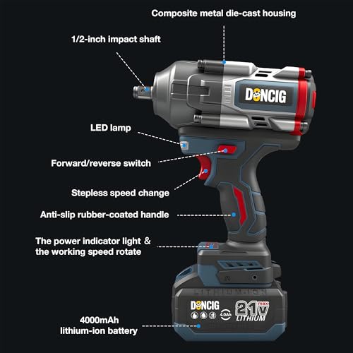 DONCIG 1/2 Cordless Impact Wrench, 590Ft-Lbs(800N.m) High Torque Impact Gun