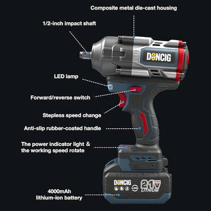 DONCIG 1/2 Cordless Impact Wrench, 590Ft-Lbs(800N.m) High Torque Impact Gun