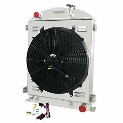 Radiator Compatible with 1930 1931 Ford Model A High Boy Chevy V8, 4 Row Full Aluminium Radiator + 16 Inch Fan + Shroud + Thermostat Relay Kit - size: 4Row Radiator Shroud Fan Relay Kit