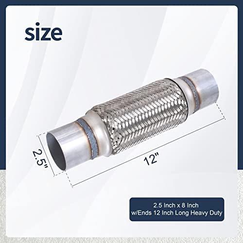 2PCS Exhaust Flex Pipe Stainless Steel Braid 2.5"Inch x 8"Inch w/Ends 12" Inch Long Heavy Duty - size: 2.5"x8"x12"