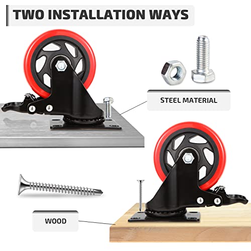Nefish 4 Inch Industrial Caster Wheels with Brake, Casters Set of 4 Heavy Duty Grade Casters, Non-Marking Polyurethane Wheels, Workbench 1800 Lbs for Cart, Furniture, Shelving - size: 4 IN