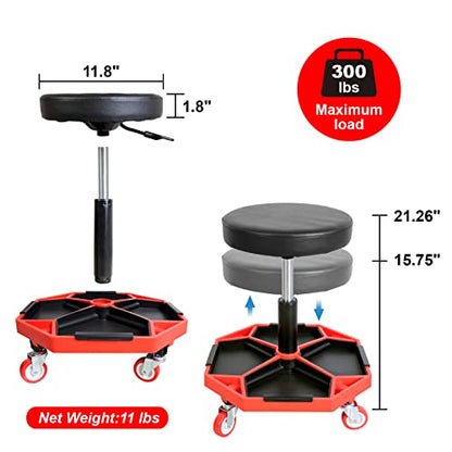 TCE ATRXF8308U Pneumatic Creeper Seat/Padded Adjustable Mechanic Stool with Removable Tool Tray Storage, 300 lb Capacity, Black/Red
