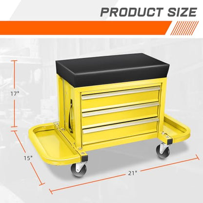 PM PERFORMOTOR 3-Drawer Tool Chest Rolling Mechanic Seat with Tool Trays,350lbs Max Weight Capacity, Yellow,PM-TOL-RST1-YL - color: Yellow