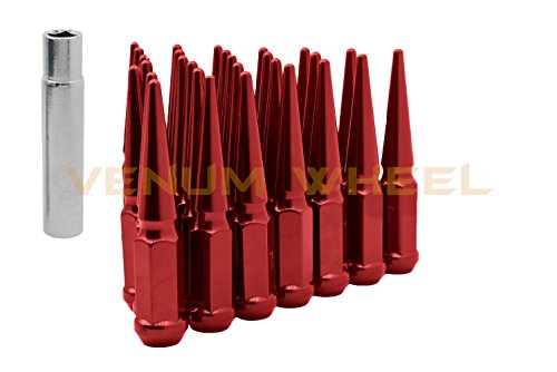 (20) 12x1.5 Red Tall 4.5" Solid Spike Lug Nuts with Locking Socket Key | Fits Ford Lincoln 1991-2011 Ranger Aviator