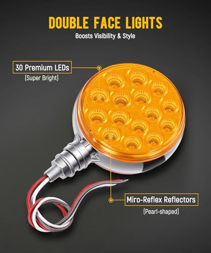 Partsam 2pc 3" Round Double Face Red/Amber 30 LED Pedestal Fender Lights Turn Signal Chrome Miro-reflex Sealed Replacement for Peterbilt/Freightliner/Western Star Trucks Semi Trailers, 10-30V