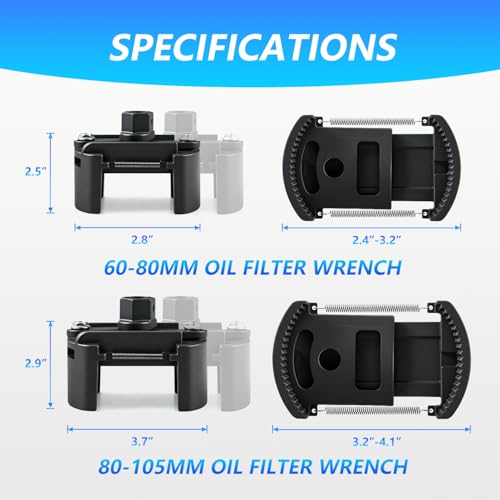 Universal Adjustable Oil Filter Wrench, 60-80 mm(2-3/8" to 3-1/8") & 80-105 mm Drive Cap Style Oil Filter Removal Tool, Oil Filter Removal Tool Fits Cars, Motorcycles & ATVs, 2 PCS