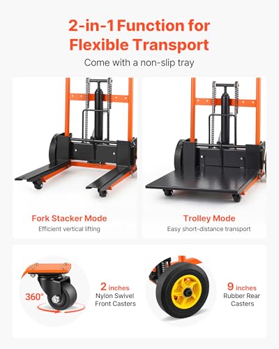 VEVOR Hydraulic Material Lift Winch Stacker, 450 lbs Load Capacity, Pallet Truck Dolly with Fork Lift Table, 39.4 Inches Max Lifting Height, Foldable & Portable Pallet Jack Table Cart, Orange & Black