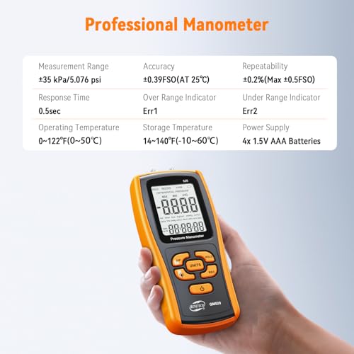 Digital Manometer Gas Pressure Tester, Professional Air Pressure Meter, Differential Pressure Gauge for HVAC, Gas Valve (GM520)