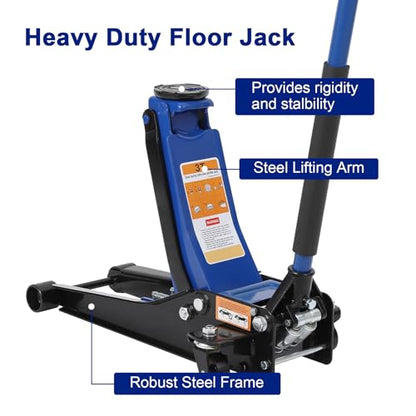3 Ton Heavy Duty Low Profile Floor Jack, Dual Pump Hydraulic Jack with 3"-19.5" Lifting Range & Long Handle for Cars, Trucks, SUV, Garage Jack with Safety Lock, Blue