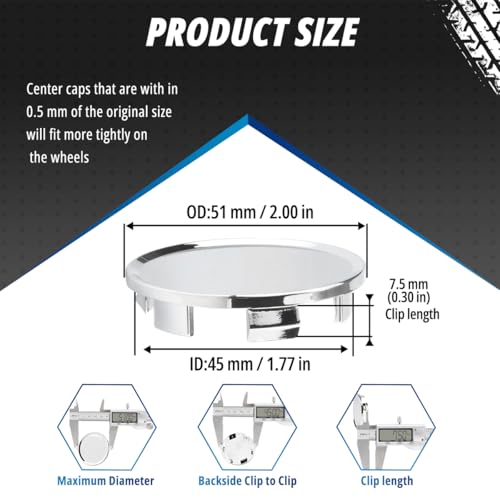 4 Pack Wheel Center Caps Kit for MiTo, OD 51 mm / 2 inch ID 45 mm / 1.77 inch Hub Caps, Snap-in Chrome ABS-Plastic Rim Covers - color: chome
