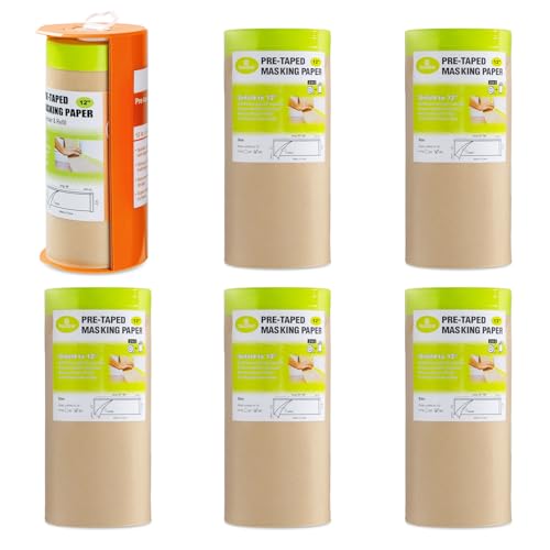 Tangibay Pre-Taped Masking Paper with Dispenser - 12" x 66' Painters Paper and Tape for Painting House, Auto Body, Cars (1 Dispenser 6 Refills) - size: 1 Dsp. 6 Refills: 12"x66'