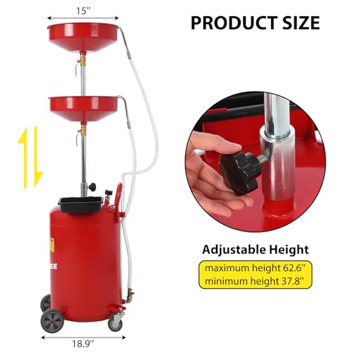 Garvee 20 Gallon Waste Oil Drain Tank, Portable Oil Drain Container, Air Operated Drainer, Fluid Fuel Transfer Drainage, Adjustable Funnel Height with Wheel &15'' Premium Bowl and a Toolbox - size: 20 Gallon- Red
