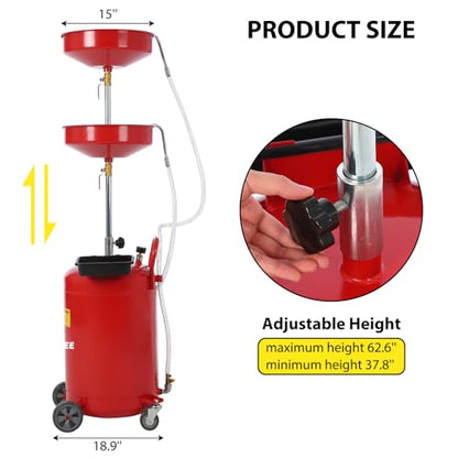 Garvee 20 Gallon Waste Oil Drain Tank, Portable Oil Drain Container, Air Operated Drainer, Fluid Fuel Transfer Drainage, Adjustable Funnel Height with Wheel &15'' Premium Bowl and a Toolbox - size: 20 Gallon- Red