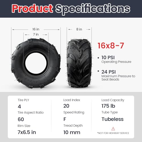 PROPARTS 16x8-7 ATV Tires 16x8x7 Go-Kart Mini Bike Tires 16x8.00-7 UTV Off-Road Tire, 4Ply Tubeless, Set of 2 - size: 16x8-7