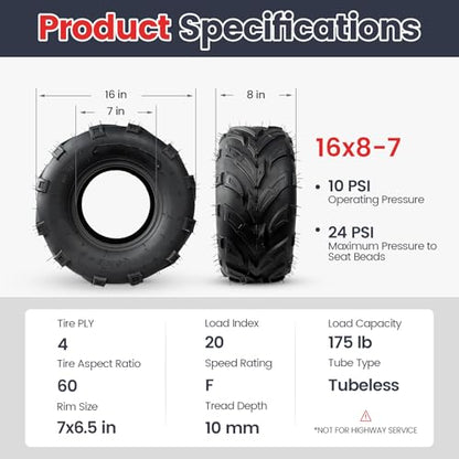 PROPARTS 16x8-7 ATV Tires 16x8x7 Go-Kart Mini Bike Tires 16x8.00-7 UTV Off-Road Tire, 4Ply Tubeless, Set of 2 - size: 16x8-7