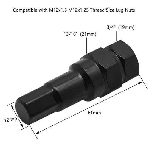 6 Point Sided 12mm Hex Tuner Key Wheel Lug Nut Socket Key 3/4”(19mm) & 13/16”(21mm) Hex Compatible with M12x1.5 M12x1.25 Thread Size Lug Nuts Black