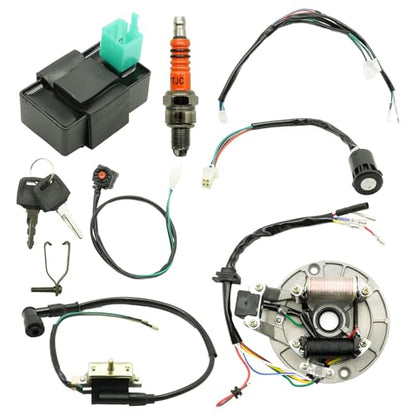 EATAKWARD ATV Rebuild Kit Wire Harness Kit, Start Dirt Pit Bike Wire Harness 2 Coil Magneto stator Plate CDI Replacement for 4 Stroke 50cc 70cc 110cc 125cc 90cc Magneto Spark Plug