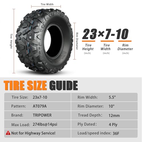 TRIPOWER 23x7-10 ATV UTV Tires 23x7x10 All Terrain Trail Sand Mud Off-Road Tire, 4PR Tubeless, Set of 2 - size: 23x7-10