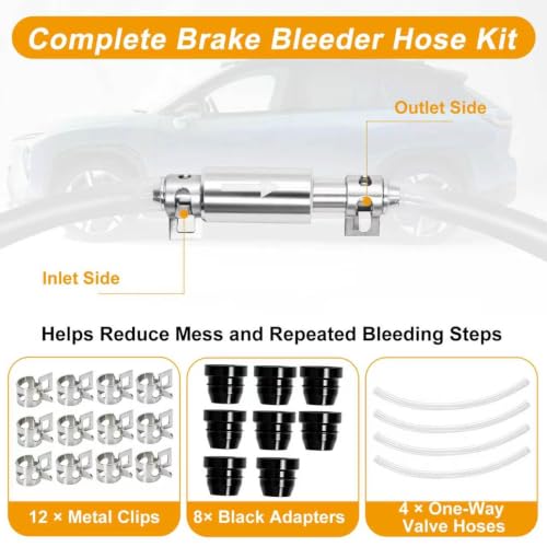 4 Pack Brake Bleeder Hose Kit with One Way Check Valve, Universal Brake Fluid Bleeder Tube with Black Adapter and Metal Clips, Brake Bleeding Tool for Car Motorcycle ATV Hydraulic Brake and Clutch