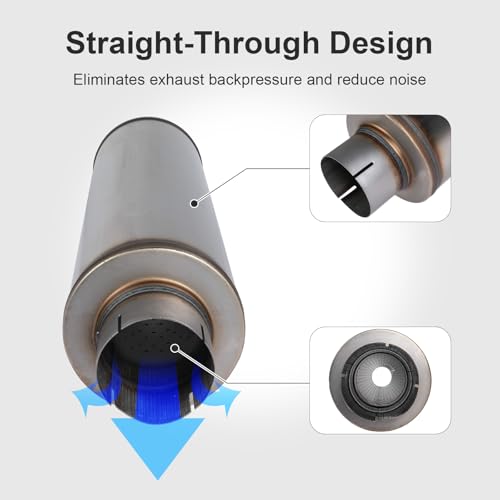Exhaust Muffler Universal Stainless Steel Muffler Tip Straight-Through Performance for Cars Trucks, 5" Inlet/Outlet, Overall Length 30", 7" Body Diameter - size: 5" Inlet/Outlet - 7" Body Diameter