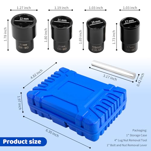5PCS Locking Lug Nut Removal Tool,17-22mm Wheel Lock Removal Kit with 6 Point Design for Replacing The Nuts,Automotive Tools 1/2" Drive Lug Nut Extractor Set with Center Punch Bar