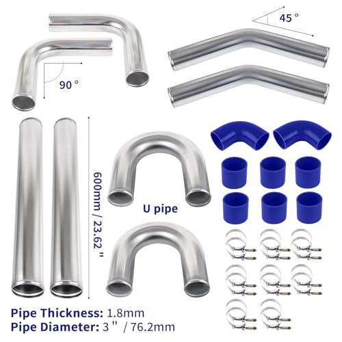 3" 60cm Universal Aluminum Intercooler Pipe Kit Polished Aluminum Turbo Intercooler Pipe+8 Blue Hose+16 Clamps Kit - size: 3 inch