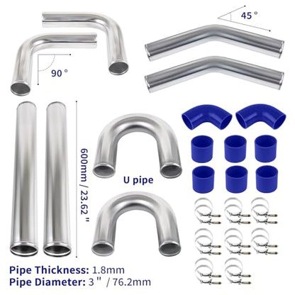 3" 60cm Universal Aluminum Intercooler Pipe Kit Polished Aluminum Turbo Intercooler Pipe+8 Blue Hose+16 Clamps Kit - size: 3 inch