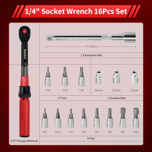 Hairich Torque Wrench Bike 1/4 Inch,2.3-24.9 N.M/20-220IN.LB, Drive Click Torque Wrench Set,16PCS 72-tooth Torque Wrenches Set with Extension Bar & Socket Sets for Bicycle - size: 16PCS 1.67-18.33 FT.LB