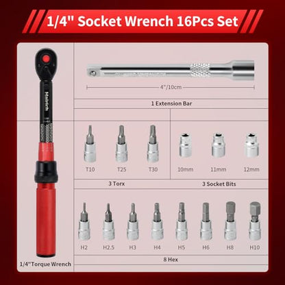 Hairich Torque Wrench Bike 1/4 Inch,2.3-24.9 N.M/20-220IN.LB, Drive Click Torque Wrench Set,16PCS 72-tooth Torque Wrenches Set with Extension Bar & Socket Sets for Bicycle - size: 16PCS 1.67-18.33 FT.LB