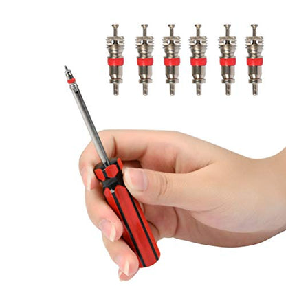 FOCCTS 17PCS Tire Valve Stem Tool Puller and Installer Kit, 6 Pcs TR412 Tubeless Tire Valve Stems with Valve Stem Cores, Single Head Tire Valve Core Remover Tire Repair Install Tool