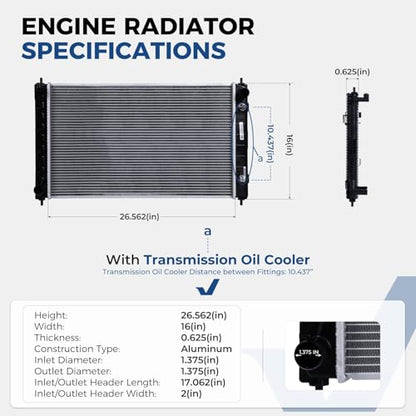 Engine Coolant Radiator Compatible with Nissan Altima 2007-2018 2.5L 3.5L, Maxima 2009-2023 3.5L, Aluminum Radiator with Transmission Oil Cooler, Replace CU2988 2988 OE 21460JA00A - size: CU2988 Radiator
