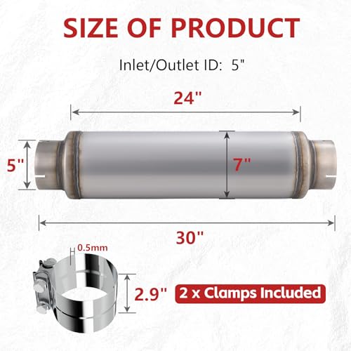 LCGP 5" Inlet Diesel Exhaust Muffler with Clamp, 5'' Inlet & Outlet, 7" x 24" Body 30" Whole Length Universal Resonator, Straight Through Design, Stainless Steel Mufflers Resonator - size: 5" Inlet 30" Overall Length(7" wide)