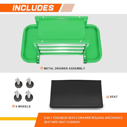 PM PERFORMOTOR 3-Drawer Tool Chest Rolling Mechanic Seat with Tool Trays,350lbs Max Weight Capacity, Green,PM-TOL-RST1-GR - color: Green