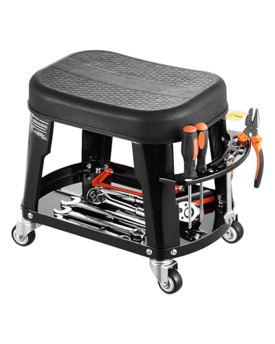 VEVOR Mechanic Stool, 300 lbs Capacity, Black, Industrial Style, Plastic Seat, Wheels, 360 Swivel, Tool Tray, Screwdriver Rack