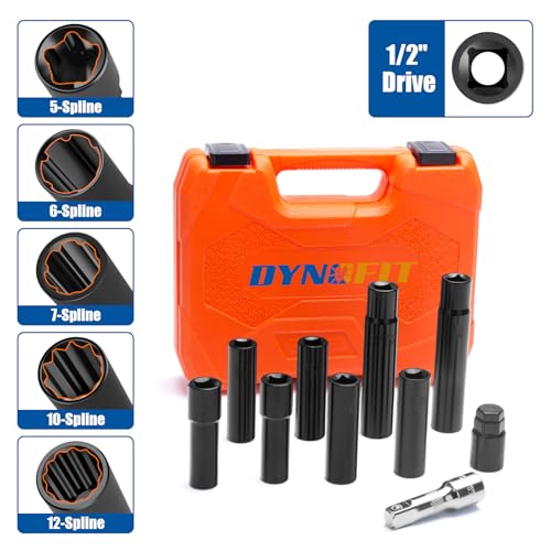 Dynofit Spline Lug Nuts Socket Set (10Pcs) with 1/2" Square Drive for Impact Wrench,for Spline & Hex Wheel Lock Removal,- Fits 5,6,7,10,12 Point Tuner Lug Nuts - color: Black, size: 10pcs Spline Socket Set