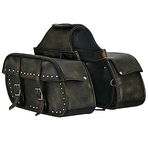 Dream Apparel Naked Cowhide Leather Motorcycle Saddle Bags Studded Throw Over Saddlebags, Motorcycle Side Bags for Honda Shadow Sportster Softail Dyna V-star (Distressed Brown) - color: Distressed Brown 36L Studded