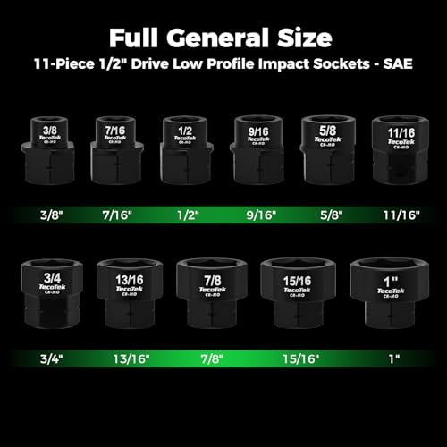 TecoTek 11Pc 1/2" Drive Low Profile Nano Impact Sockets - SAE - size: 3/8" - 1"(1/2" Dr.)