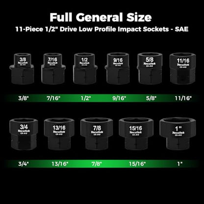 TecoTek 11Pc 1/2" Drive Low Profile Nano Impact Sockets - SAE - size: 3/8" - 1"(1/2" Dr.)