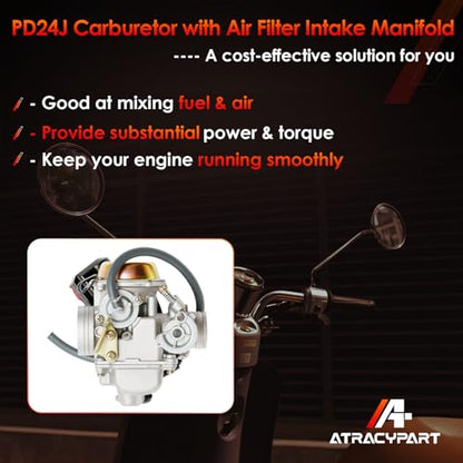 PD24J Carburetor 24mm, Fit for GY6 125cc 150cc 4 Stroke Scooter Engines - size: Carburetor with Intake Manifold