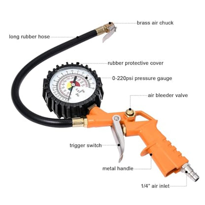 Professional Pneumatic Tire Inflator with Precision Pressure Gauge 3-in-1 Inflation, Pressure Measurement, and Deflation Function 0-220 PSI Suitable for Cars, Motorcycles, Bicycles, and RVs